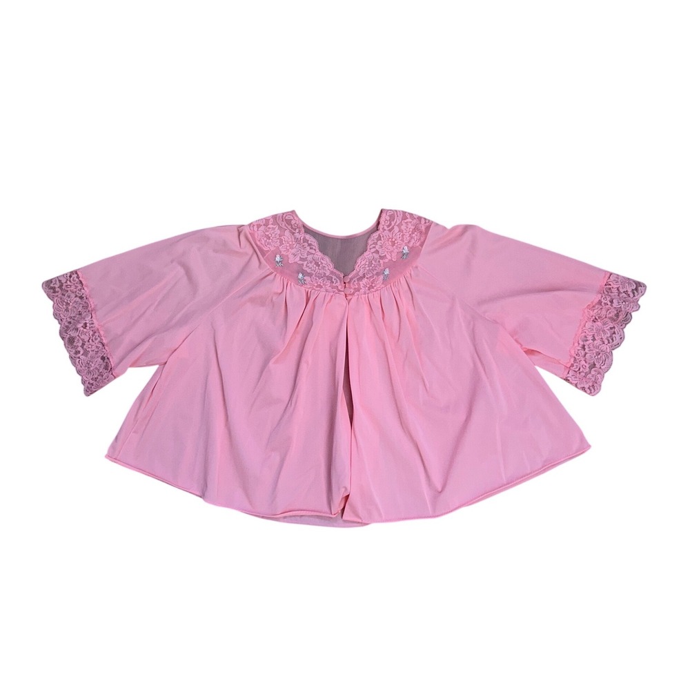Vtg Pink Lace Bed Jacket Floral Embroidered Sheer‎ Mesh Babydoll Top L cottage